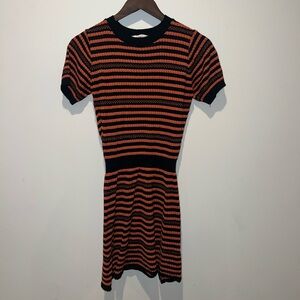 ZARA Knit Women’s Small Orange Black Striped Sweater Dress Stretch Short Sleeve